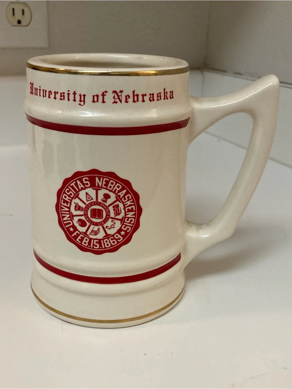 Vtg University of Nebraska Ceramic Stein Mug 6” Tall Cornhuskers
